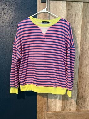 Zesica Pink & Navy Striped Sweatshirt with Yellow Trim